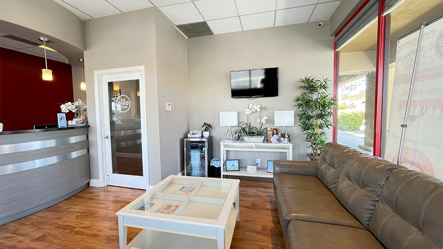 Leather couch in dental office reception area