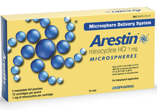 Box for Arestin antibiotic gum disease treatment