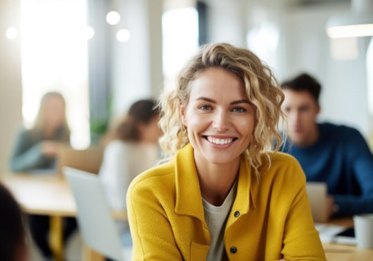 Woman in yellow jacket smiling at office